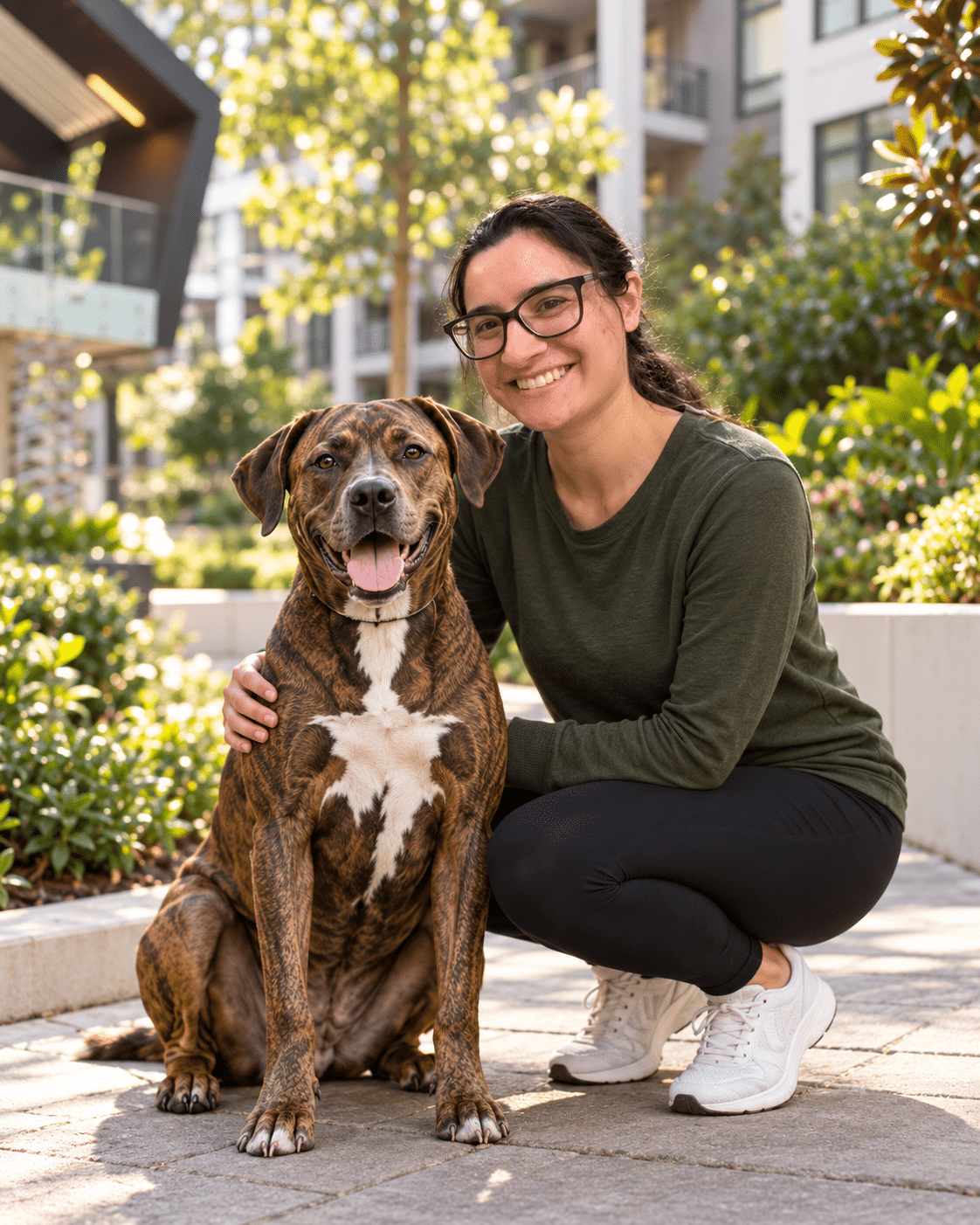 Dog walker with a brindle Lab/Pitbull mix in the Hadley courtyard