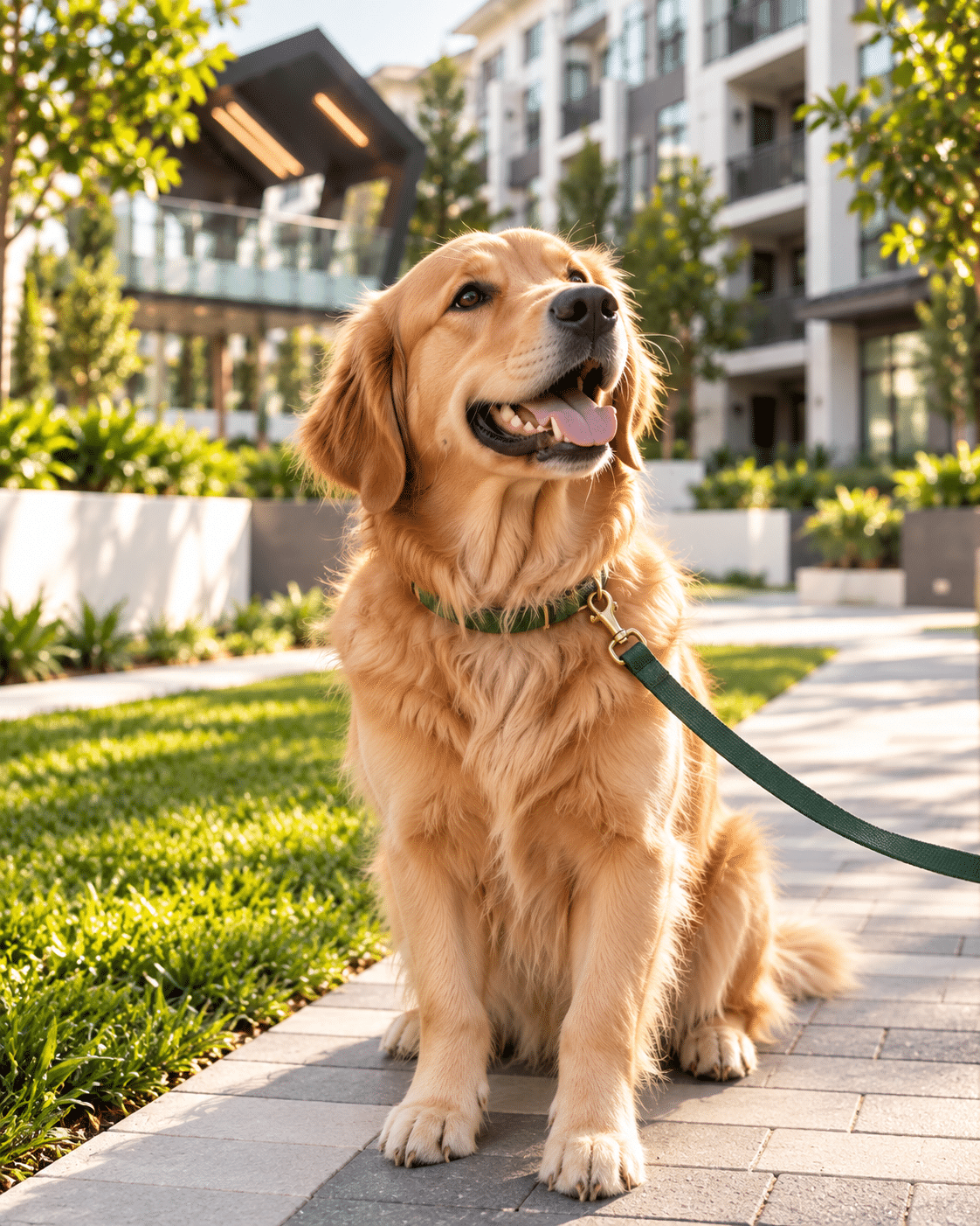 Golden retriever waiting happily on a Hadley garden path