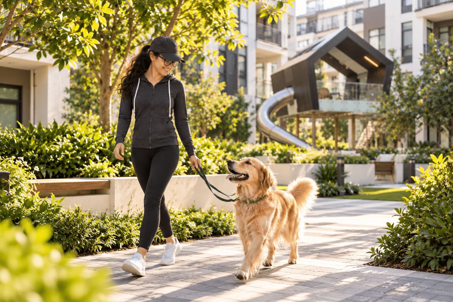 Dog walker and golden retriever on a sunny Hadley courtyard path
