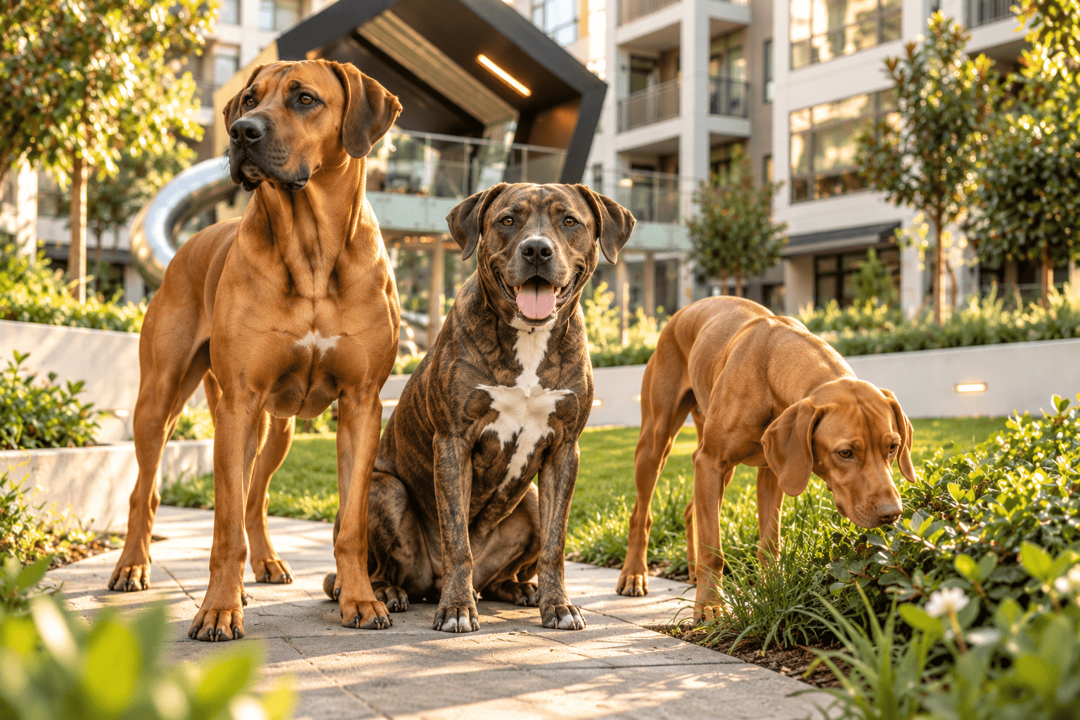 Ridgeback, brindle Lab/Pitbull mix, and Vizsla enjoying a garden path