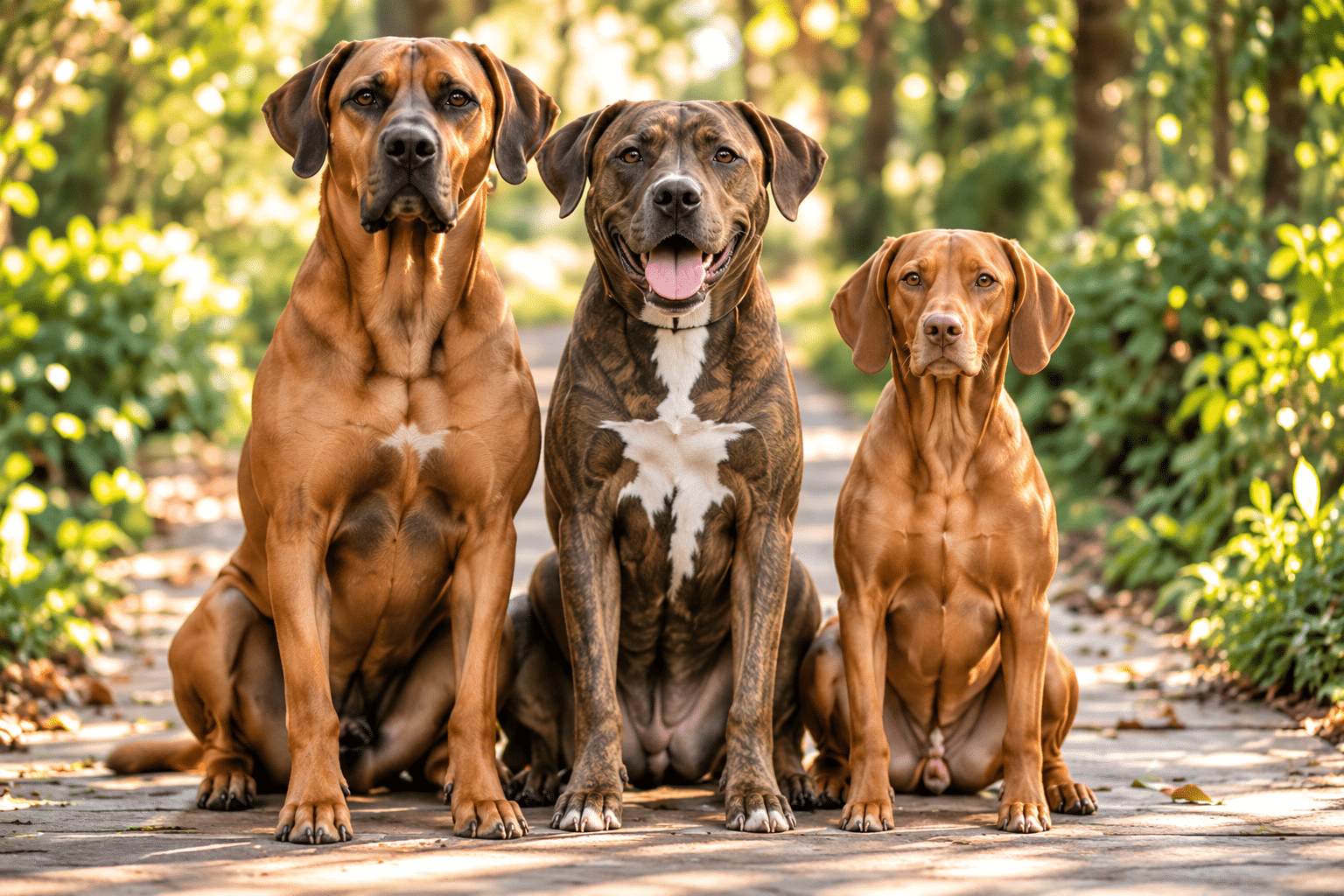 Illustration of a Ridgeback, brindle Lab/Pitbull mix and Vizsla, in descending height