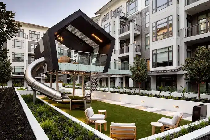 The Hadley courtyard with landscaped lawn and elevated pavilion