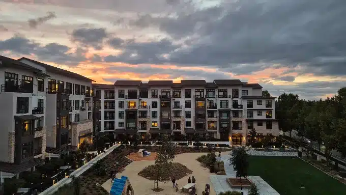 Sunset over the Hadley apartment courtyard